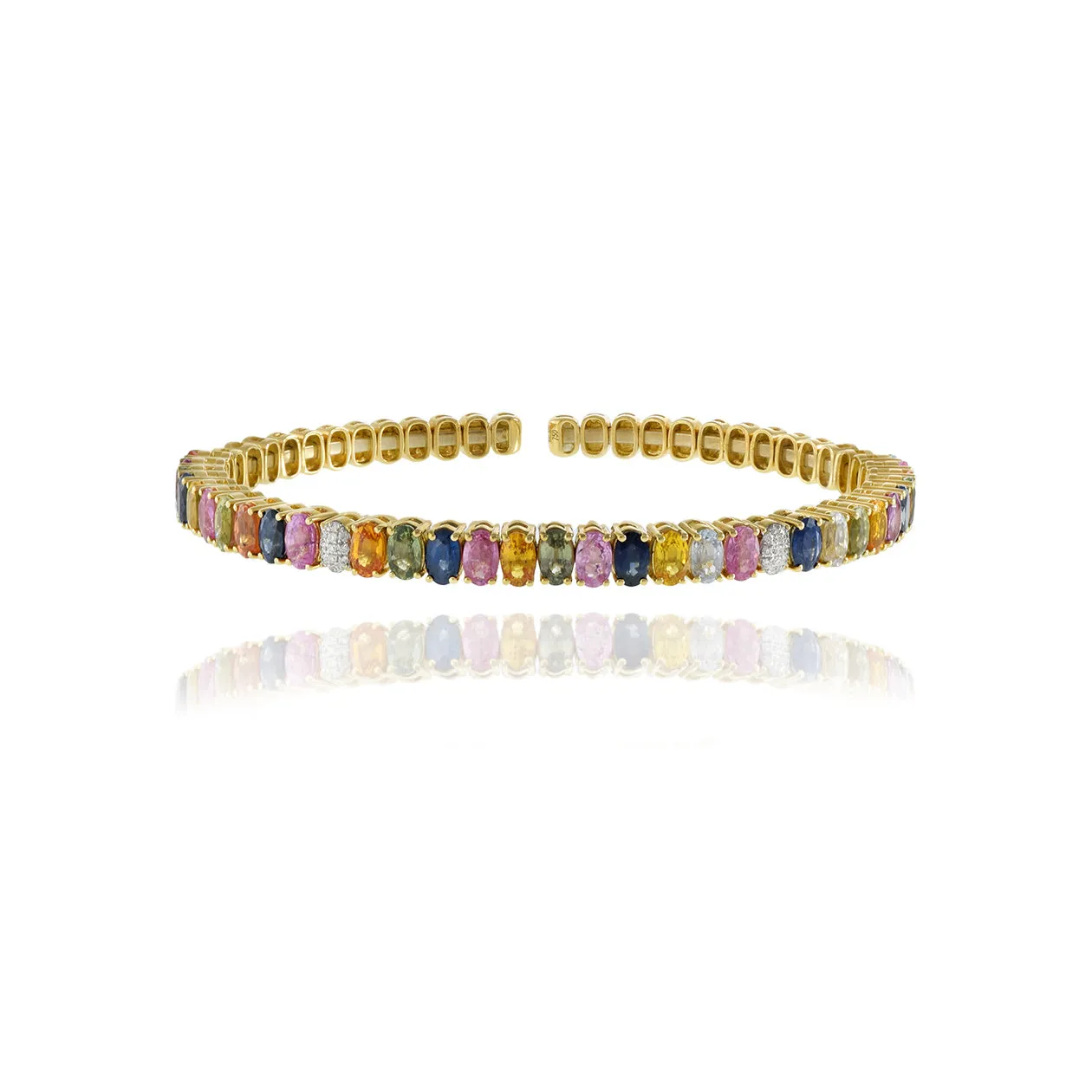 18KT Yellow Gold Multi Color Sapphire And Diamond Cuff Bangle