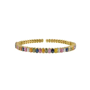 18KT Yellow Gold Multi Color Sapphire And Diamond Cuff Bangle