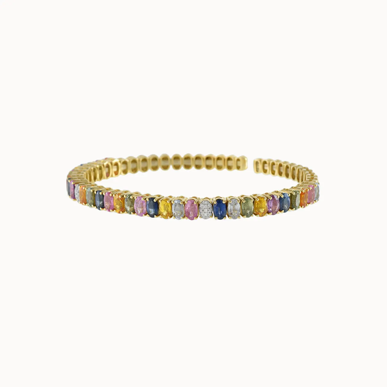 18KT Yellow Gold Multi Color Sapphire And Diamond Cuff Bangle