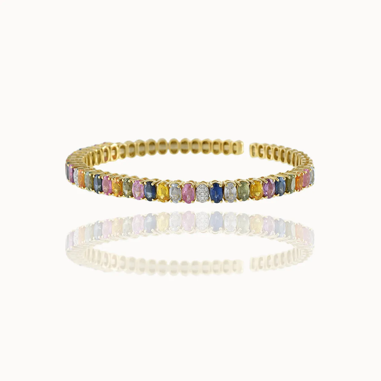18KT Yellow Gold Multi Color Sapphire And Diamond Cuff Bangle