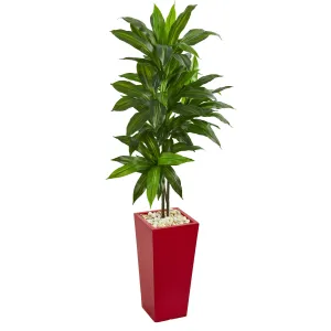 60"' Artificial Dracaena Plant in Red Planter (Real Touch) - Low Maintenance, Life-Like & Vibrant Silk Plants For Busy People.