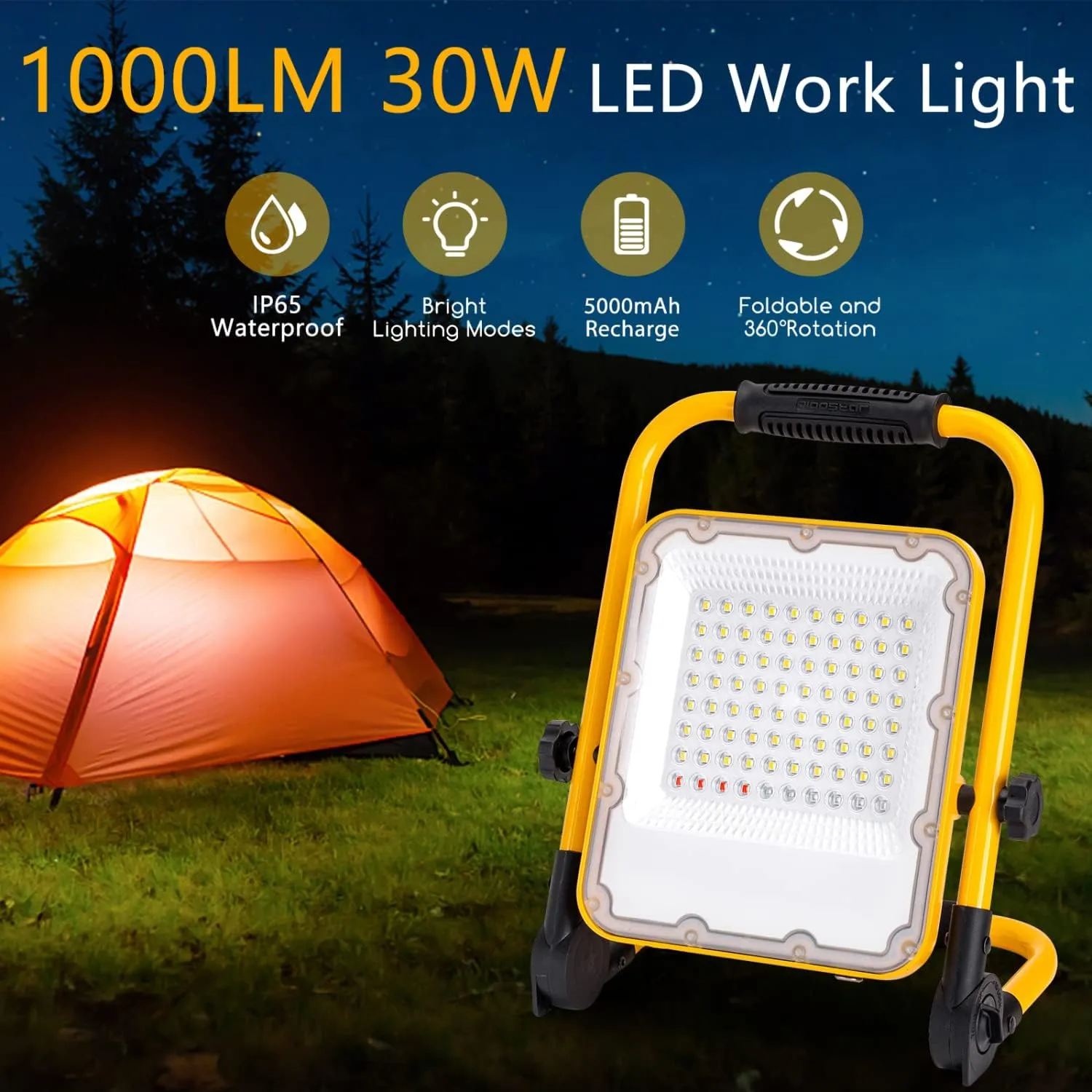 Aigostar 6500K Flood Light Rechargeable LED Work Light with Stand, 1000lm Waterproof, Foldable, 4 Modes