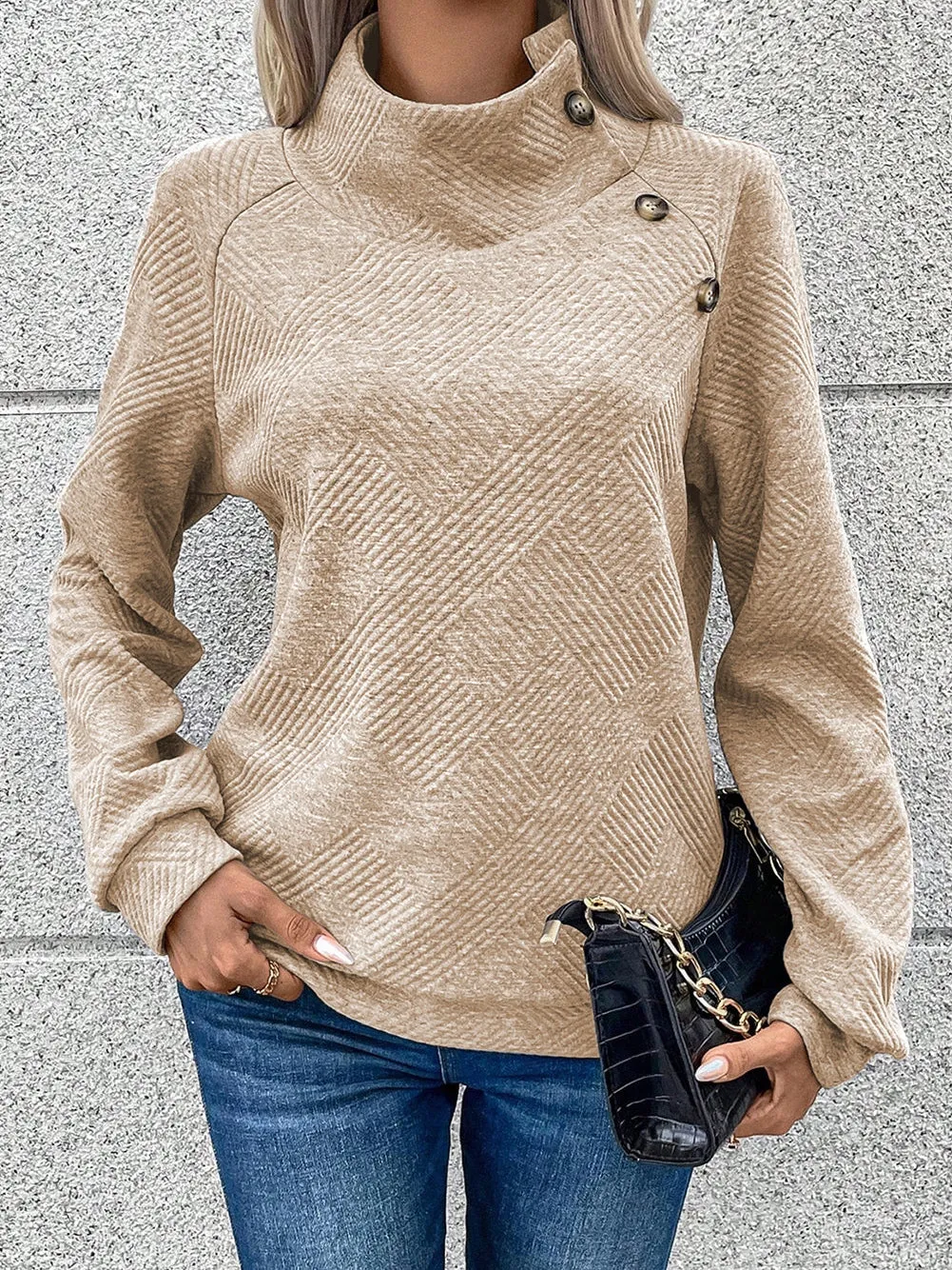 Apricot Textured High Neck Sweatshirt with Unique Asymmetrical Buttons