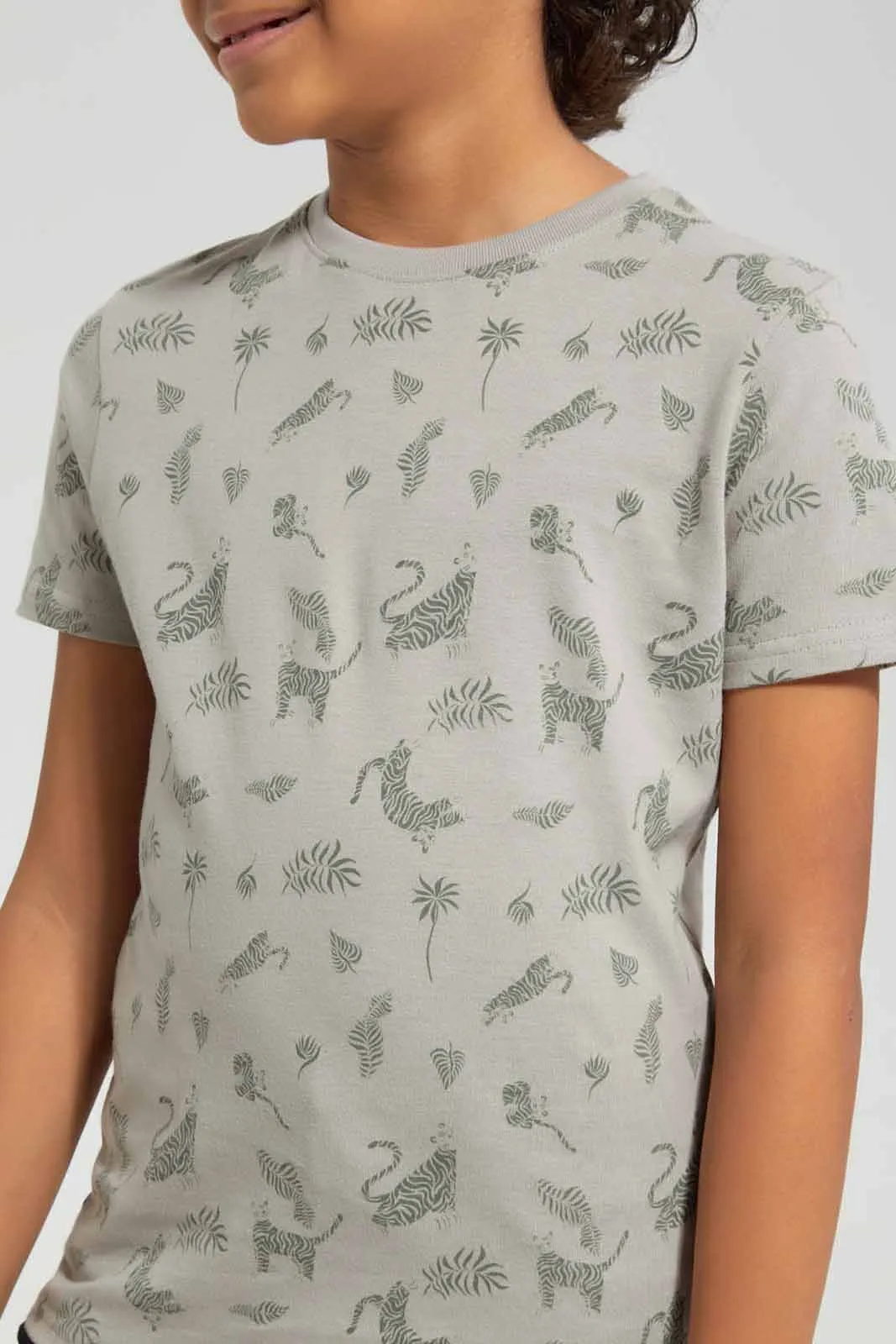 Beige Tiger All Over Print T-Shirt For Boys
