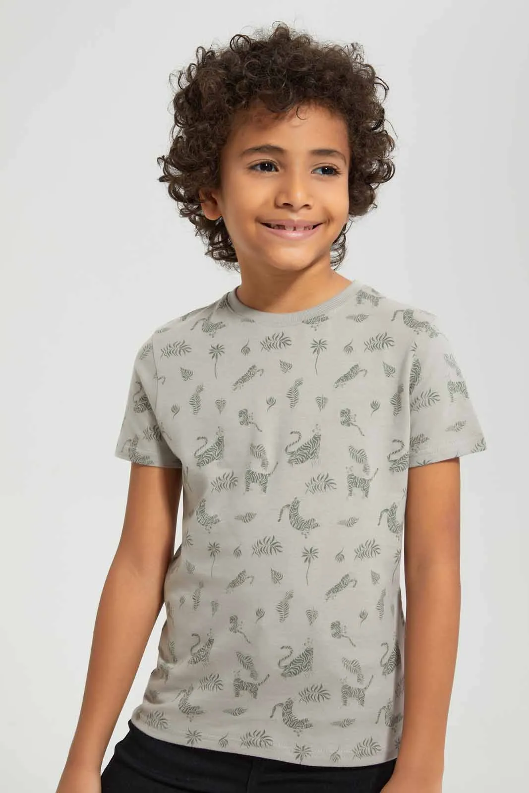 Beige Tiger All Over Print T-Shirt For Boys