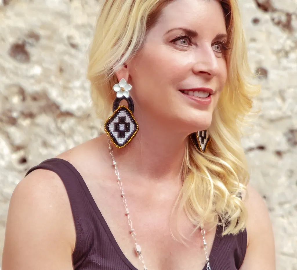 Black and White Embroidered Geometric and Flower Mexican Earrings