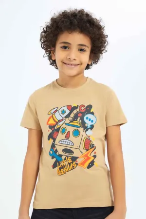 Boys Beige Robot Print T-Shirt
