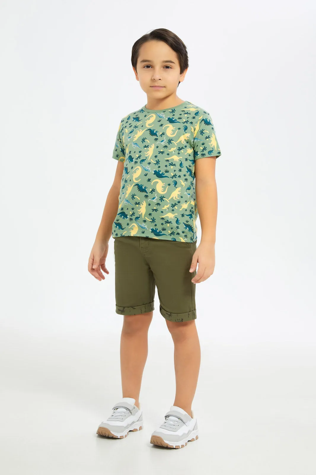 Boys Green Dino Printed T-Shirt