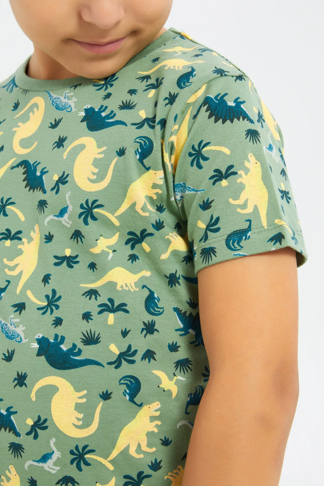 Boys Green Dino Printed T-Shirt