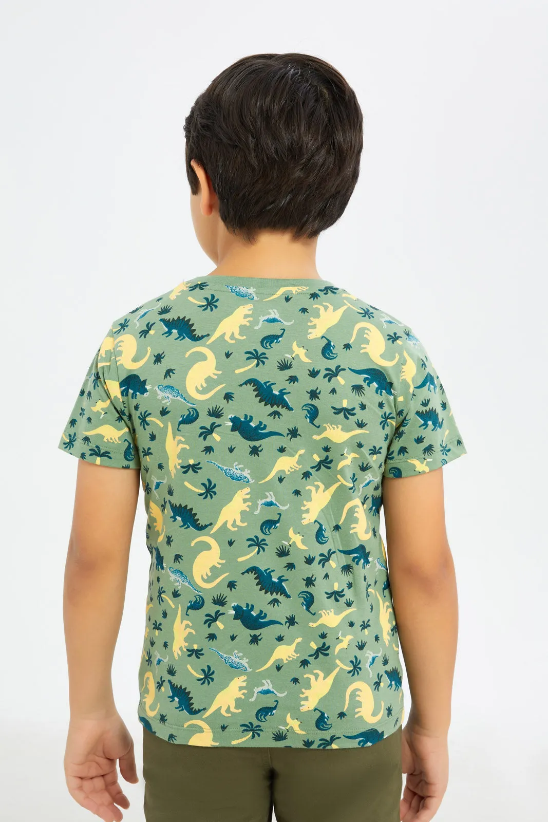 Boys Green Dino Printed T-Shirt
