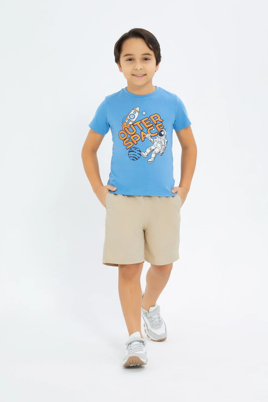 Boys White And Blue Space Print T-Shirt Set (2 Piece)