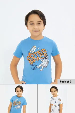 Boys White And Blue Space Print T-Shirt Set (2 Piece)