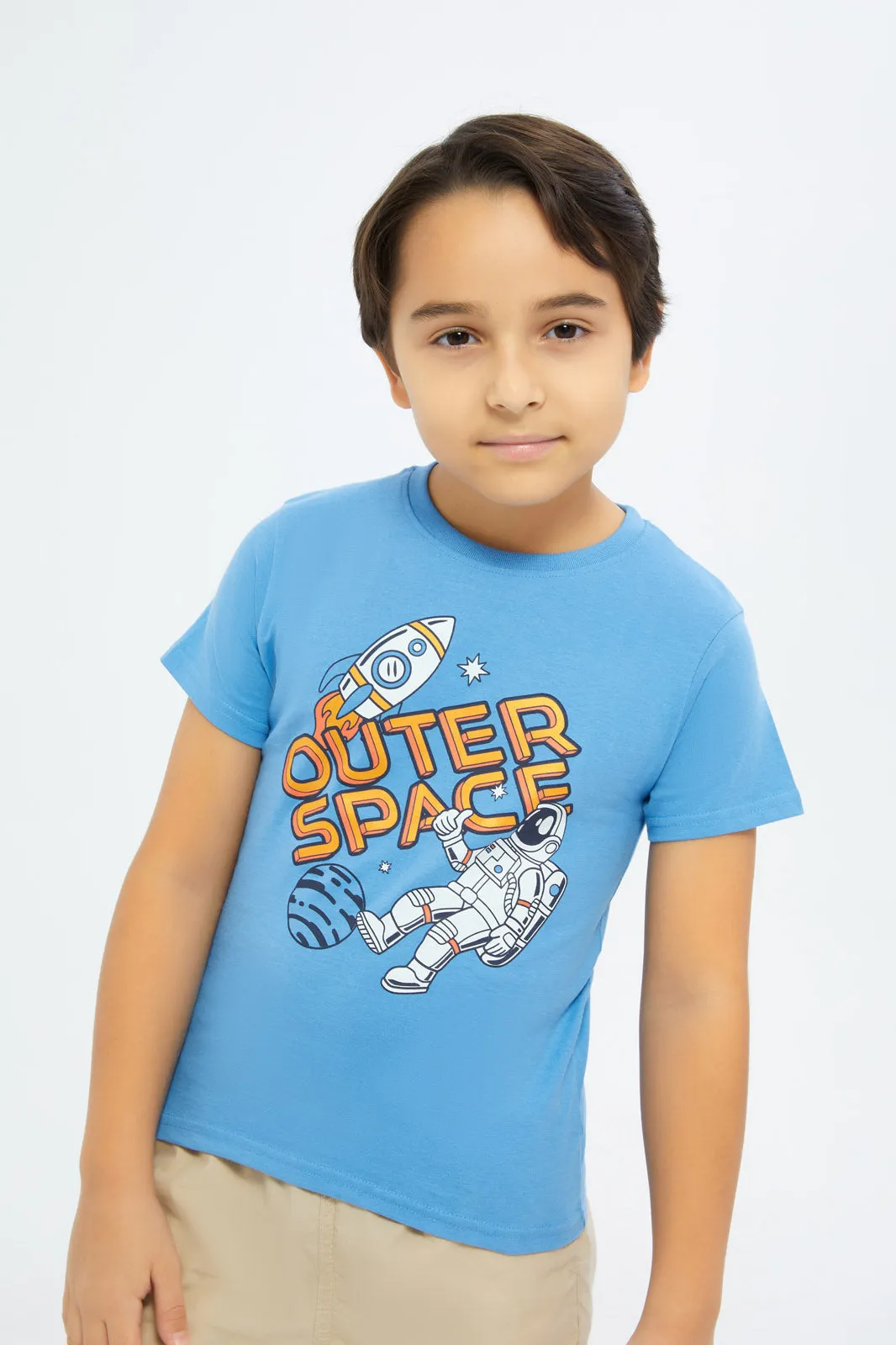 Boys White And Blue Space Print T-Shirt Set (2 Piece)