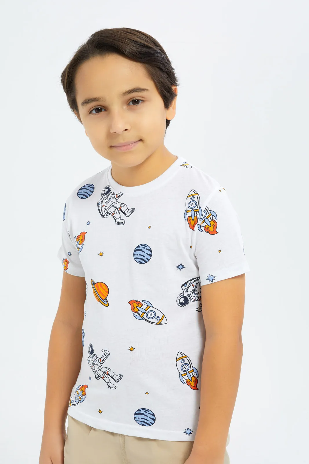 Boys White And Blue Space Print T-Shirt Set (2 Piece)