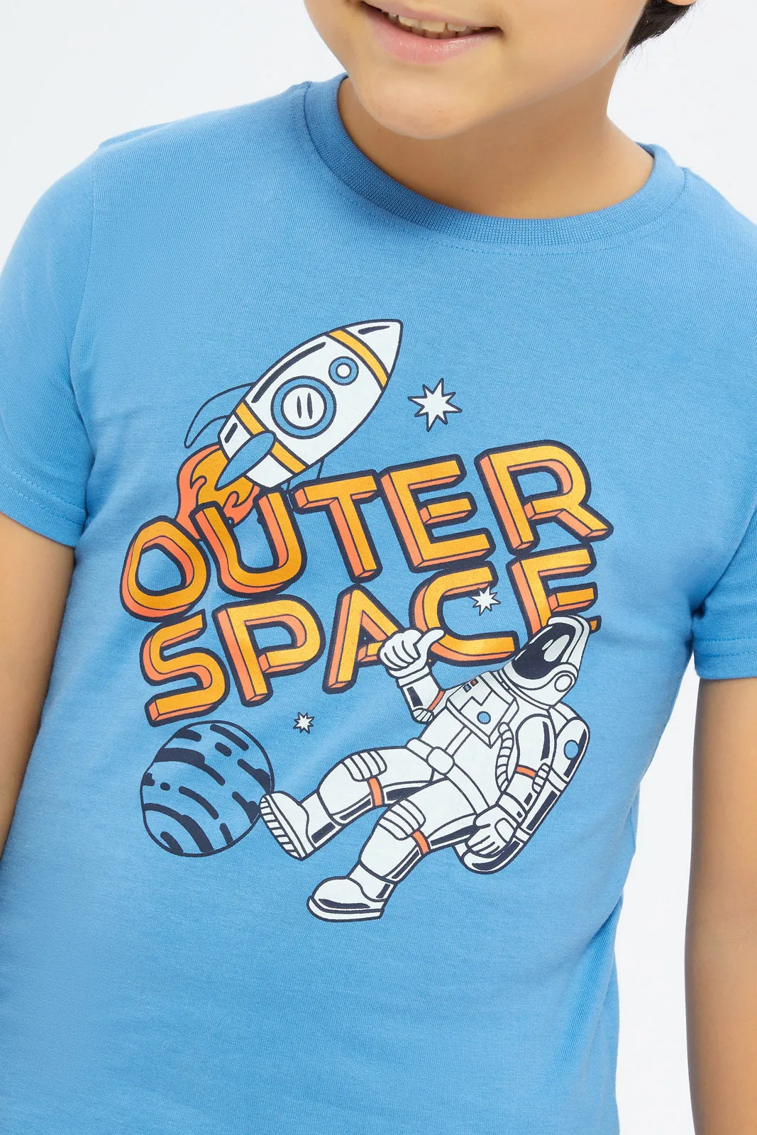 Boys White And Blue Space Print T-Shirt Set (2 Piece)