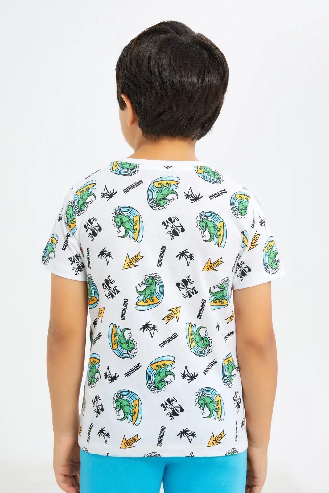 Boys White Dino Printed T-Shirt