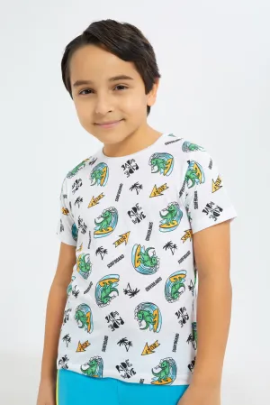 Boys White Dino Printed T-Shirt
