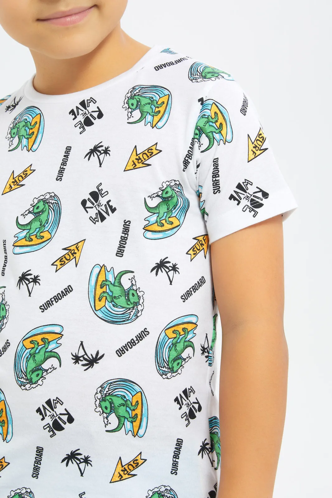 Boys White Dino Printed T-Shirt