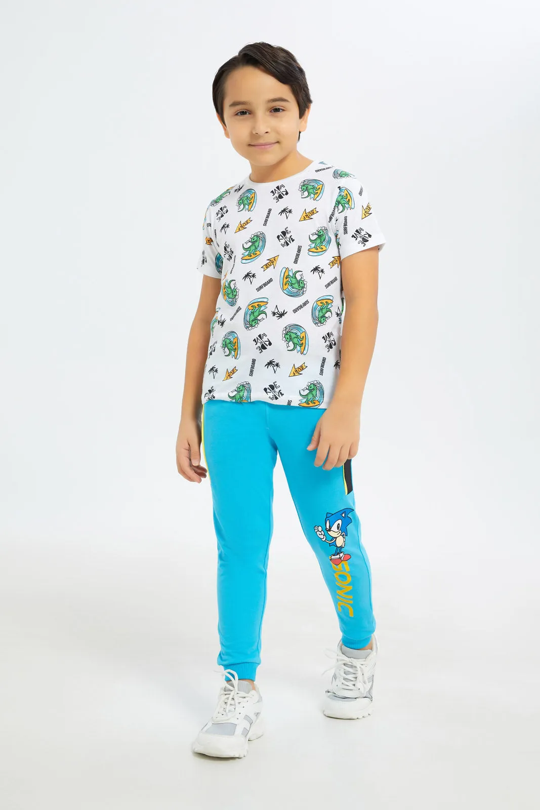 Boys White Dino Printed T-Shirt