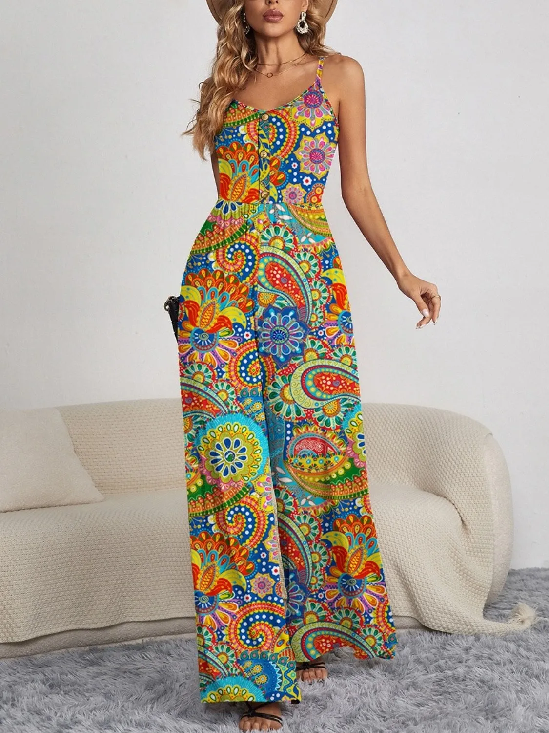 Buttoned Charm: Spaghetti Strap Wide Leg Jumpsuit
