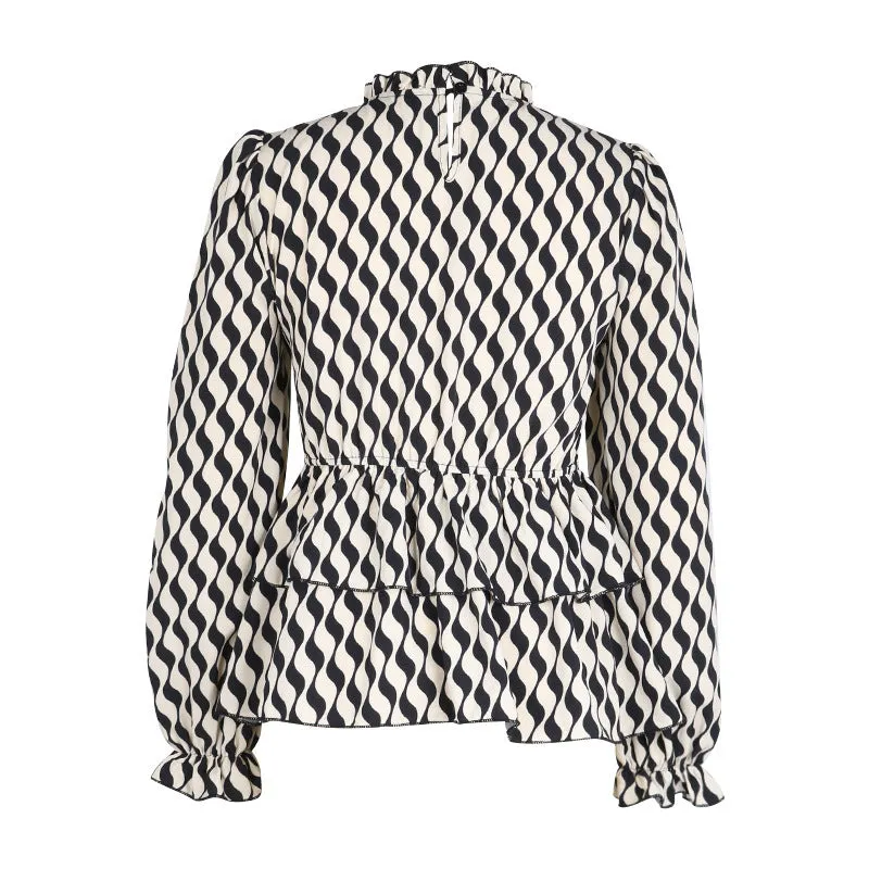 Cascading Contrast Ruffles Long Sleeve Shirt