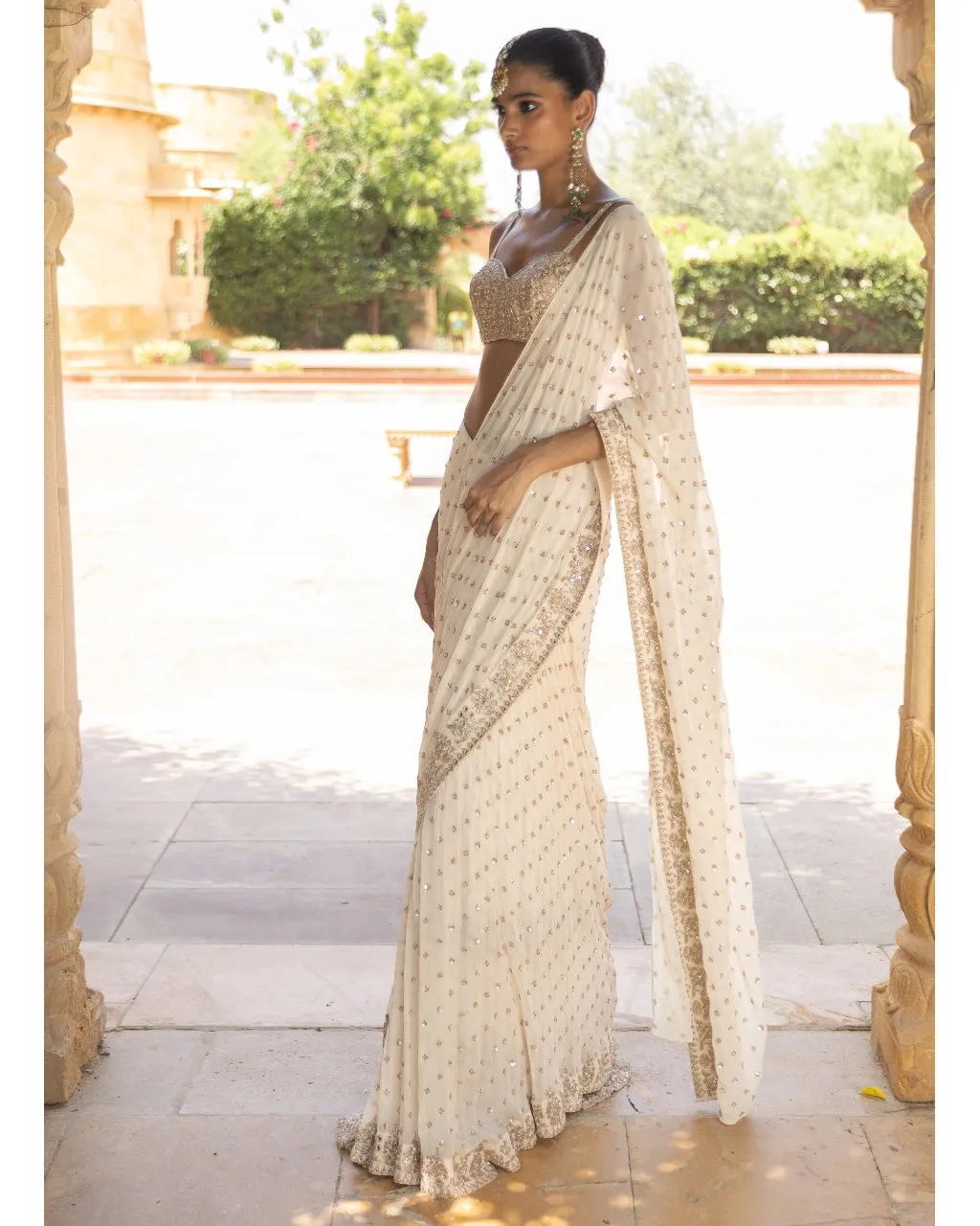 Coconut & Rose Gold Embroidered Sari Set