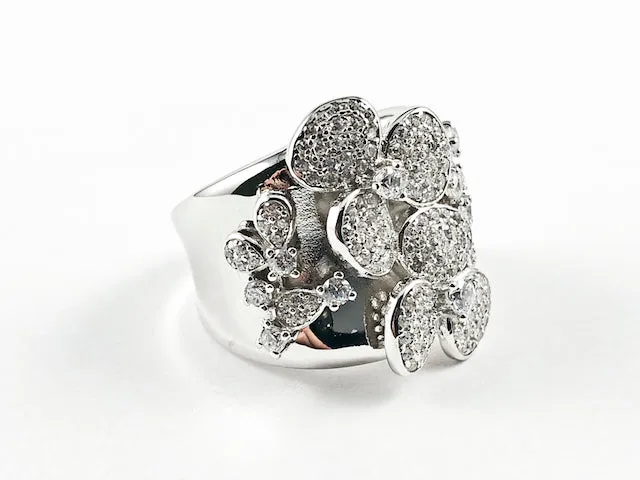 Elegant Unique Floral Burst Pave Style Design Silver Ring
