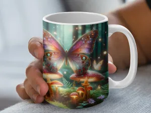 Enchanted Forest Butterfly Mug, Mystical Nature Inspired Coffee Cup, Fantasy Art Mushroom and Butterfly Magic Mug, Whimsical Home Decor