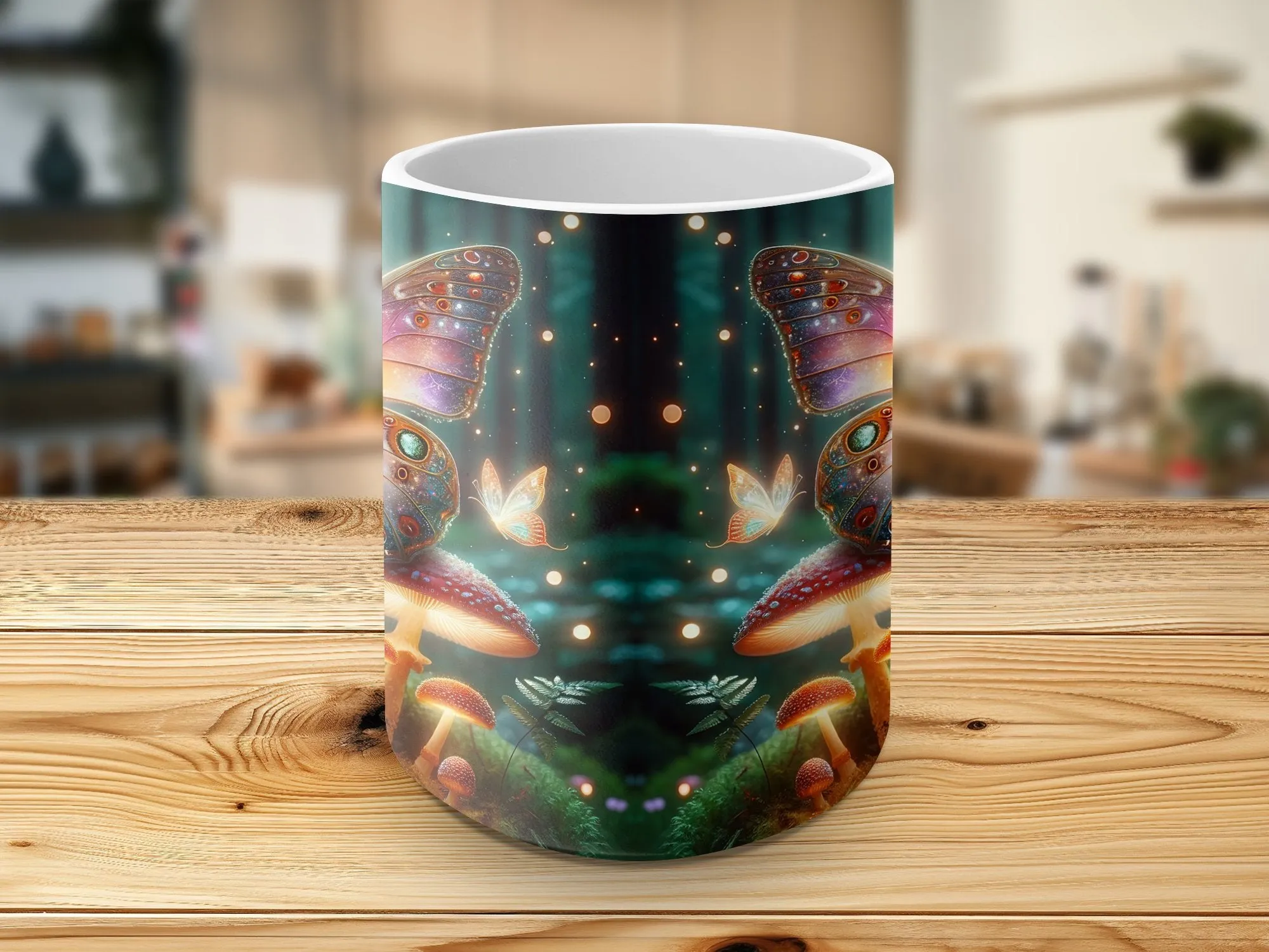 Enchanted Forest Butterfly Mug, Mystical Nature Inspired Coffee Cup, Fantasy Art Mushroom and Butterfly Magic Mug, Whimsical Home Decor