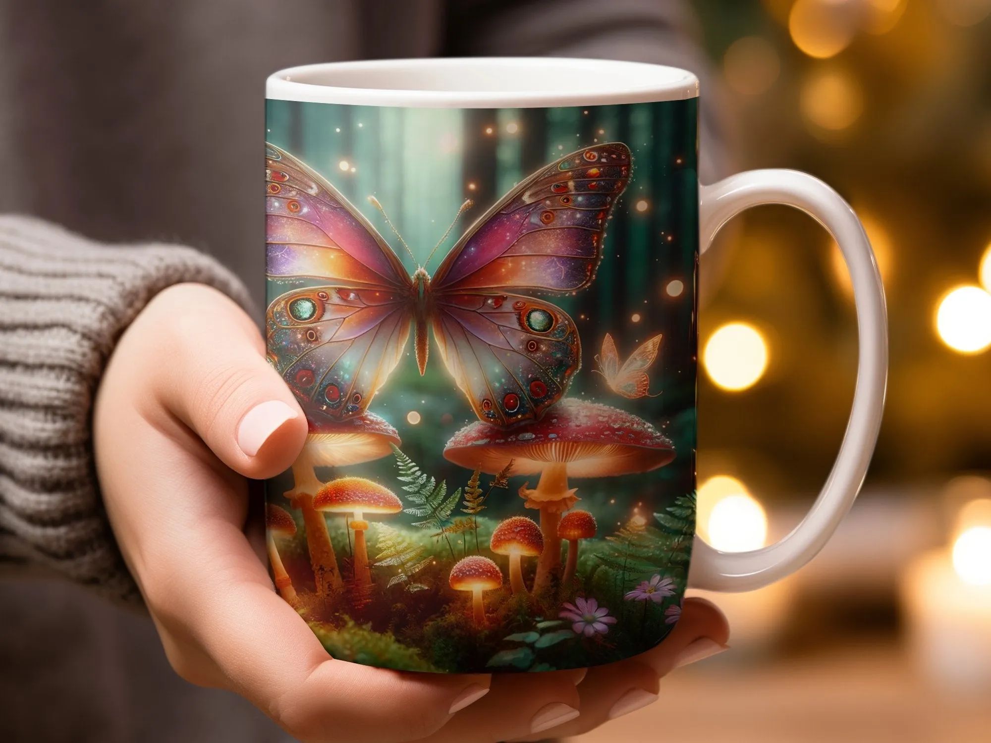 Enchanted Forest Butterfly Mug, Mystical Nature Inspired Coffee Cup, Fantasy Art Mushroom and Butterfly Magic Mug, Whimsical Home Decor