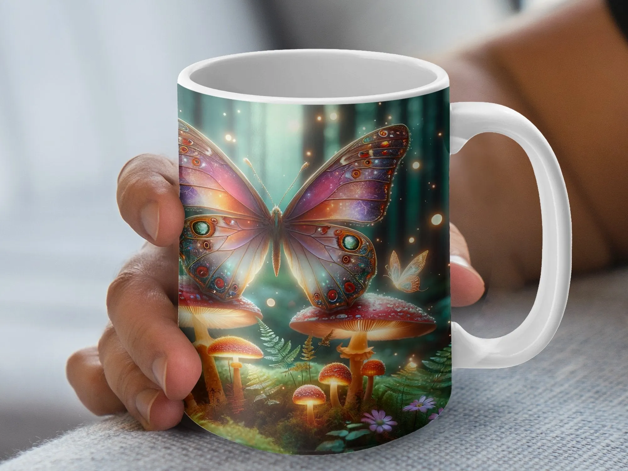 Enchanted Forest Butterfly Mug, Mystical Nature Inspired Coffee Cup, Fantasy Art Mushroom and Butterfly Magic Mug, Whimsical Home Decor
