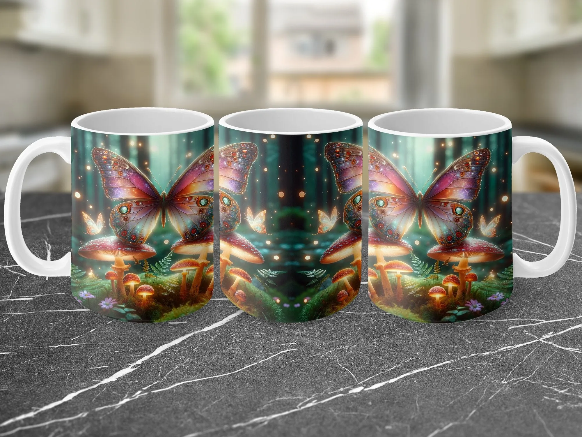 Enchanted Forest Butterfly Mug, Mystical Nature Inspired Coffee Cup, Fantasy Art Mushroom and Butterfly Magic Mug, Whimsical Home Decor