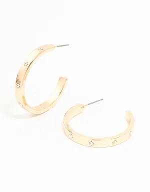 Gold Diamante Inlay Medium Hoop Earrings