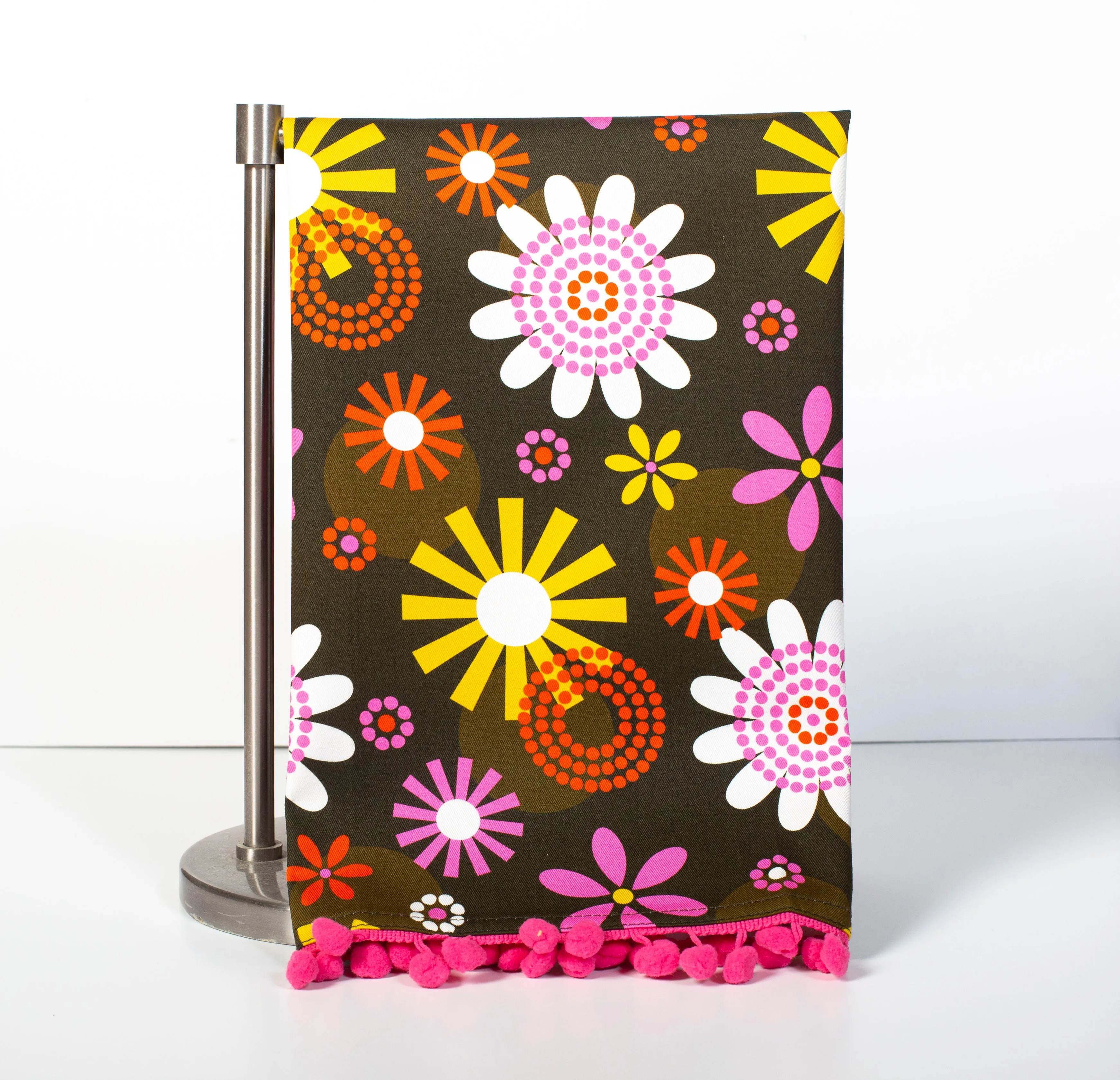 Groovy Floral Bunch Retro Kitchen Tea Towel with Trim