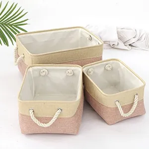 Heart Home 3 Piece Foldable Storage Basket With Handle|3 Stackable Sizes Storage Organizer|Idol For Home Décor, Storing Toys, Kids Clothes (Khaki-Pink)
