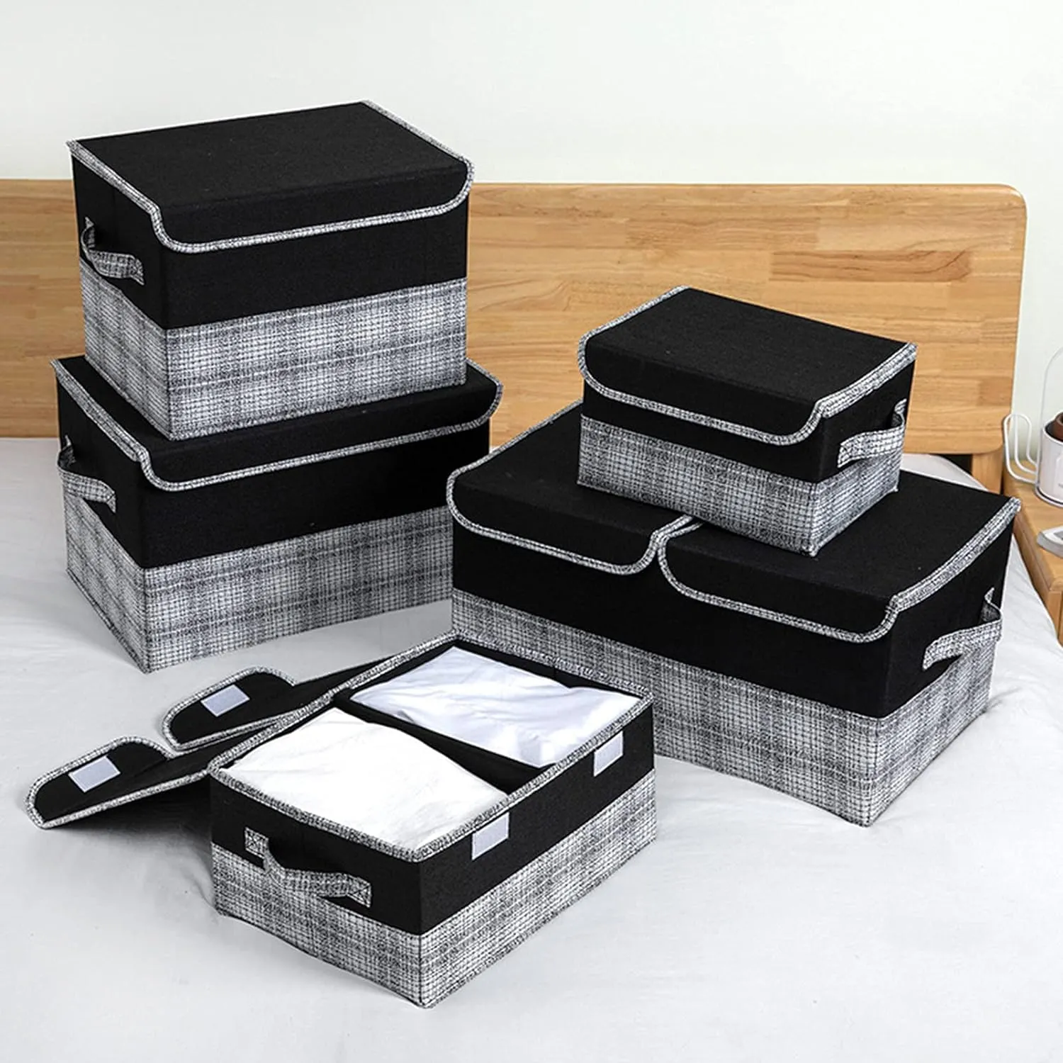 Homestic Foldable Storage Basket With Double Lid | Closet Organizer With Handle | Clothes Organizer for Wardrobe | Versatile Storage Basket For Toys-Clothes-Papers-Books-Makeups | Black