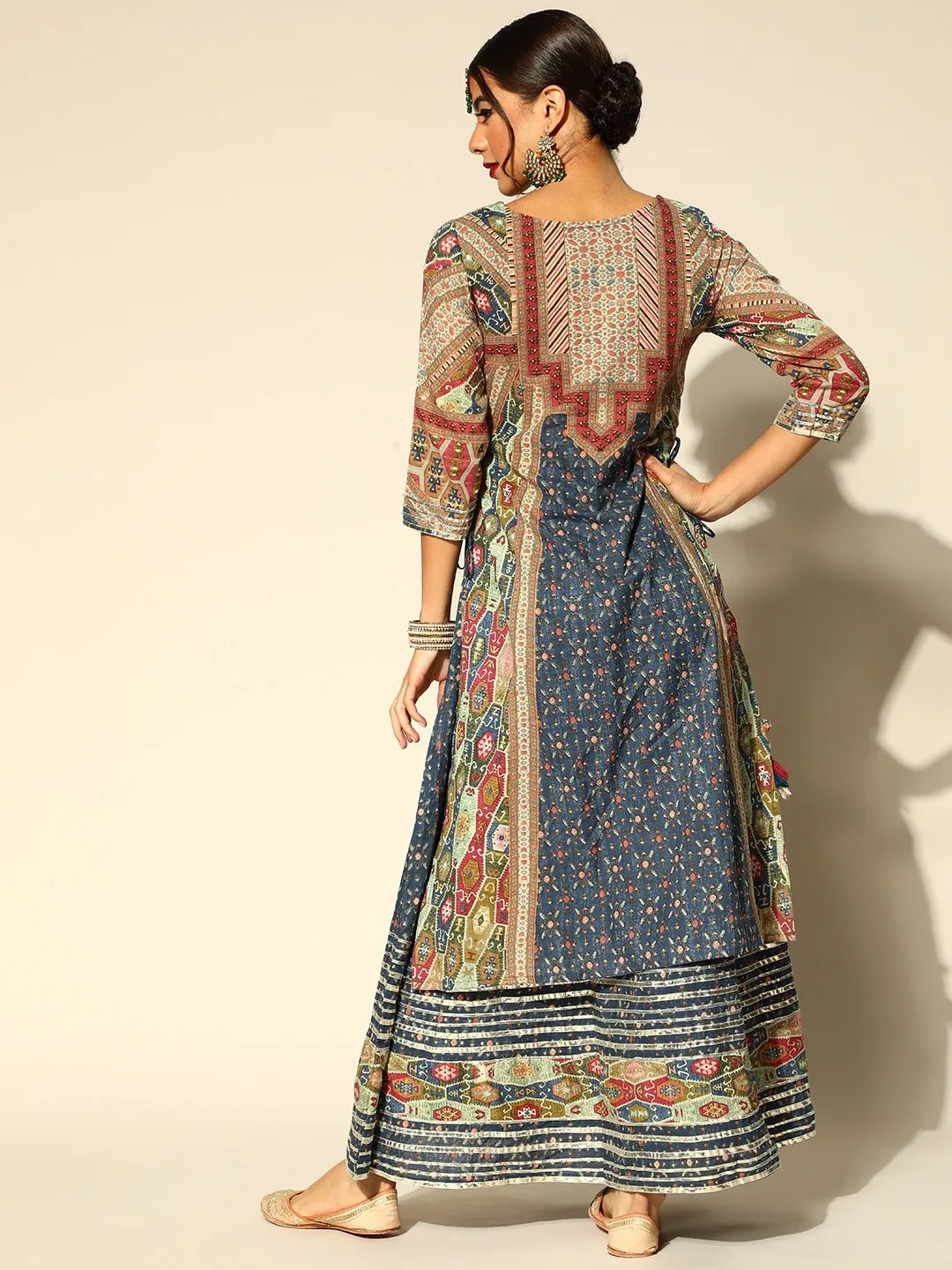 Ishin Women's Blue & Beige Embroidered Anarkali Layered Kurta