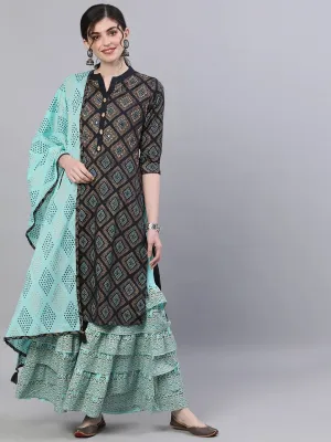 Ishin Women's Cotton Black & Blue Embroidered Straight Kurta Sharara Dupatta Set