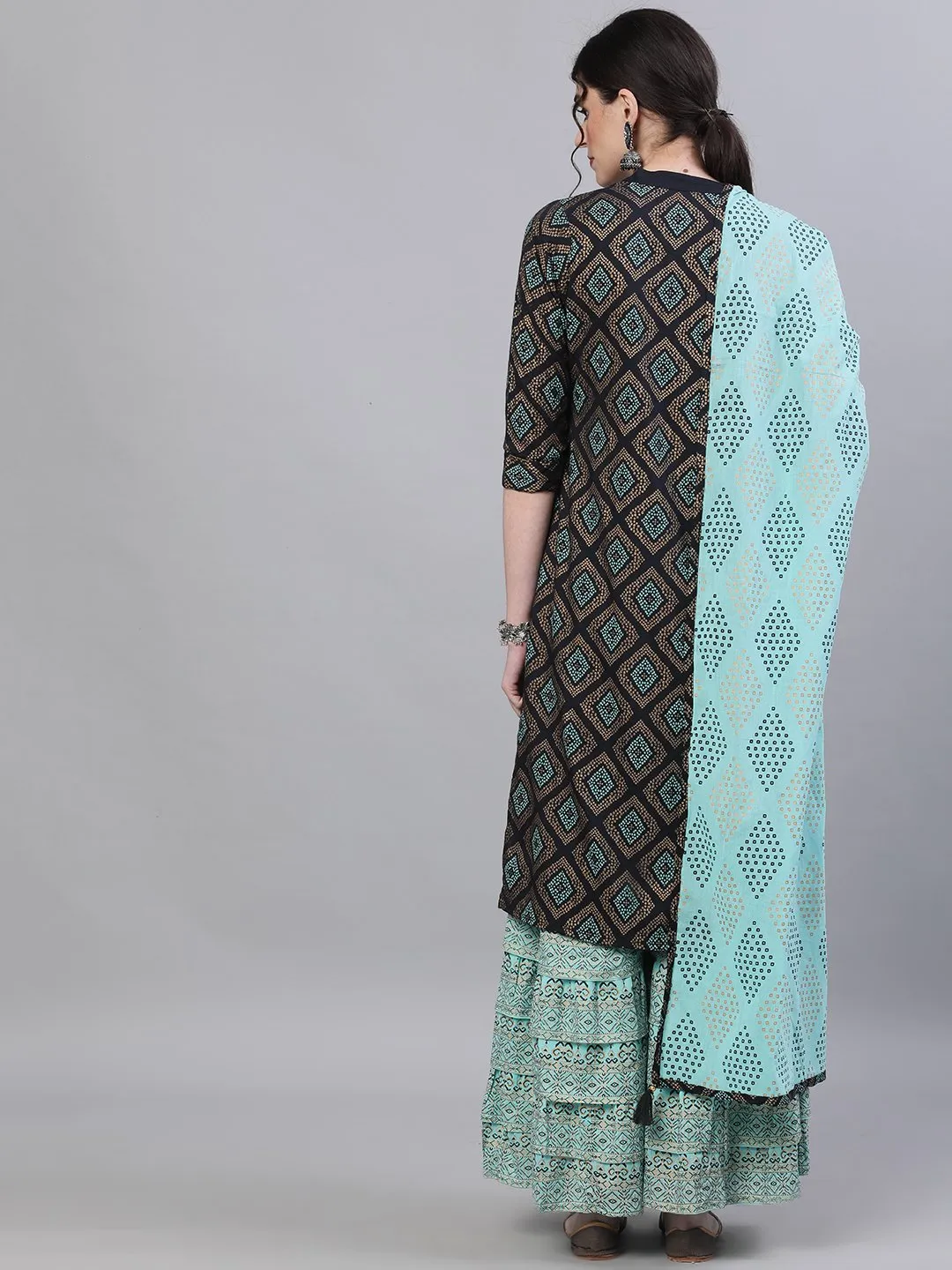 Ishin Women's Cotton Black & Blue Embroidered Straight Kurta Sharara Dupatta Set
