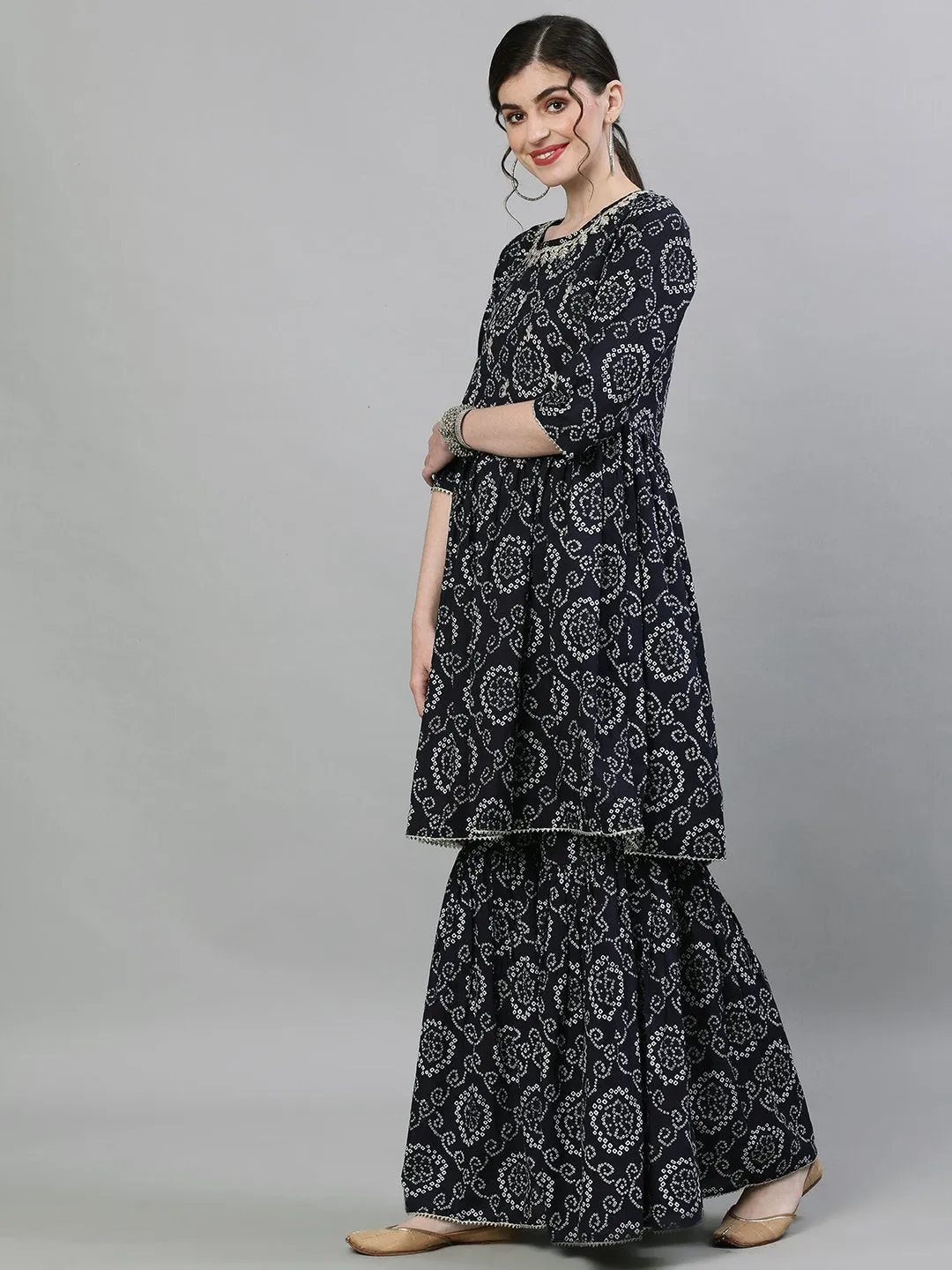 Ishin Women's Cotton Black Jewel Neck Bandhani Embellished Peplum Kurta Sharara Dupatta Set