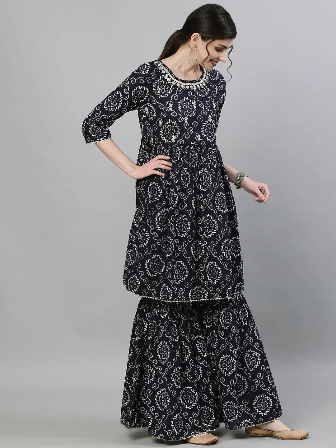 Ishin Women's Cotton Black Jewel Neck Bandhani Embellished Peplum Kurta Sharara Dupatta Set