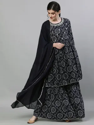 Ishin Women's Cotton Black Jewel Neck Bandhani Embellished Peplum Kurta Sharara Dupatta Set