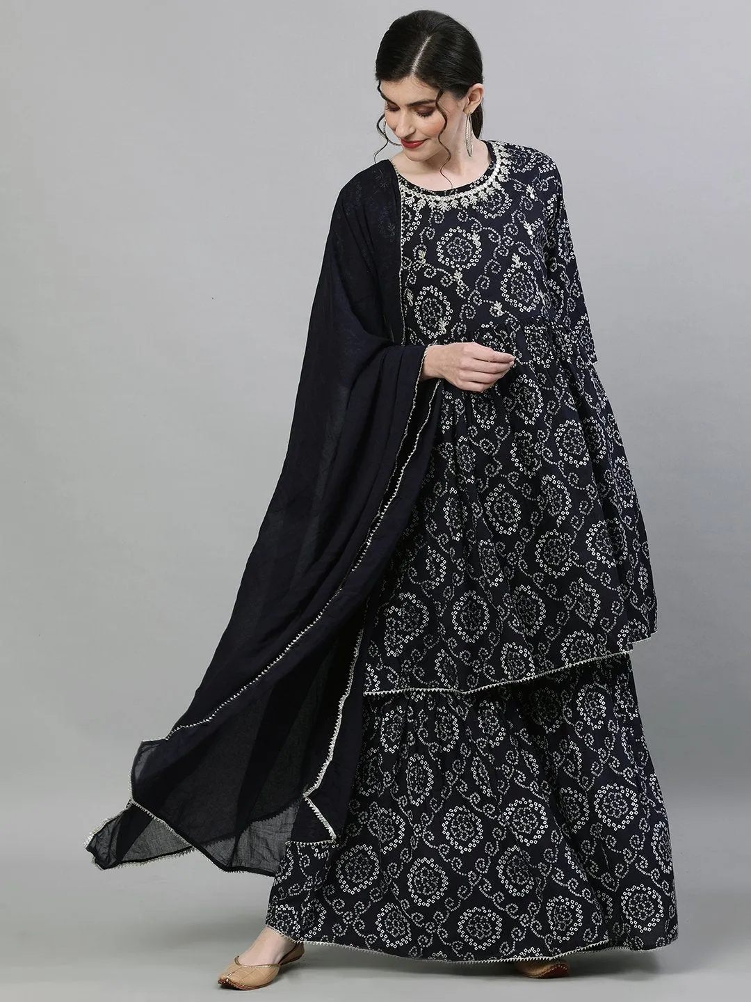 Ishin Women's Cotton Black Jewel Neck Bandhani Embellished Peplum Kurta Sharara Dupatta Set