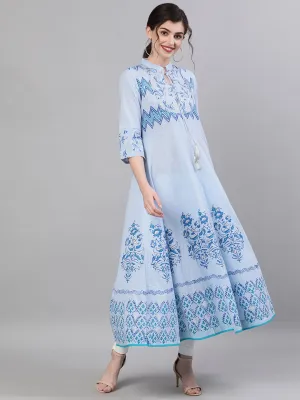 Ishin Women's Cotton Blue Foil Printed Anarkali Kurta