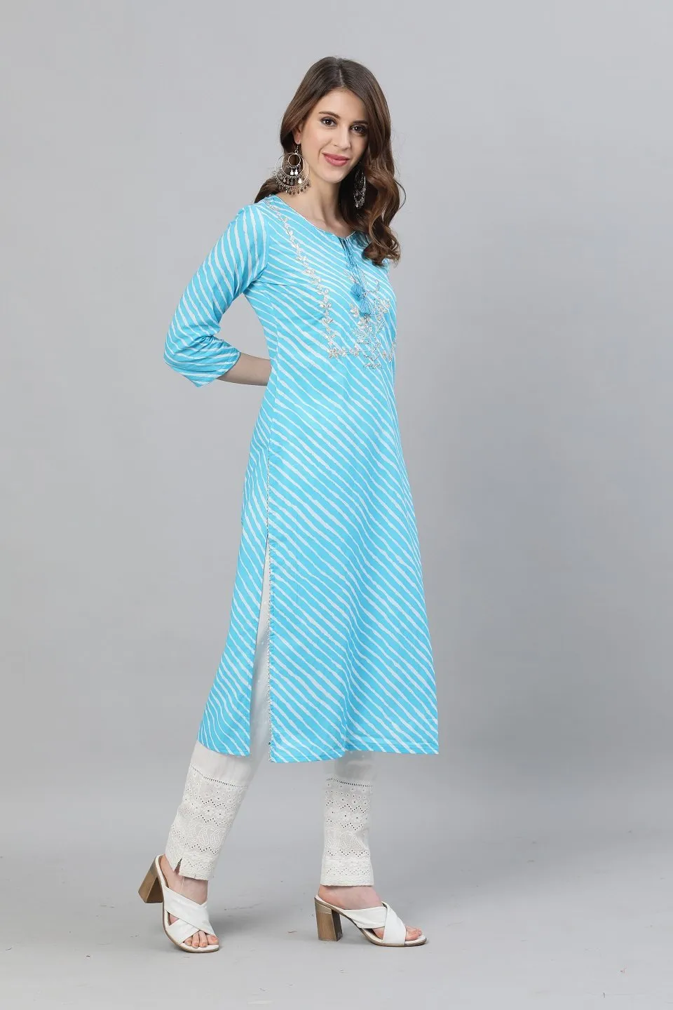 Ishin Women's Cotton Blue Leheriya Embroidered A-Line Kurta Trouser Dupatta Set