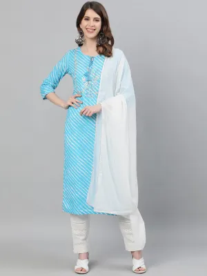 Ishin Women's Cotton Blue Leheriya Embroidered A-Line Kurta Trouser Dupatta Set