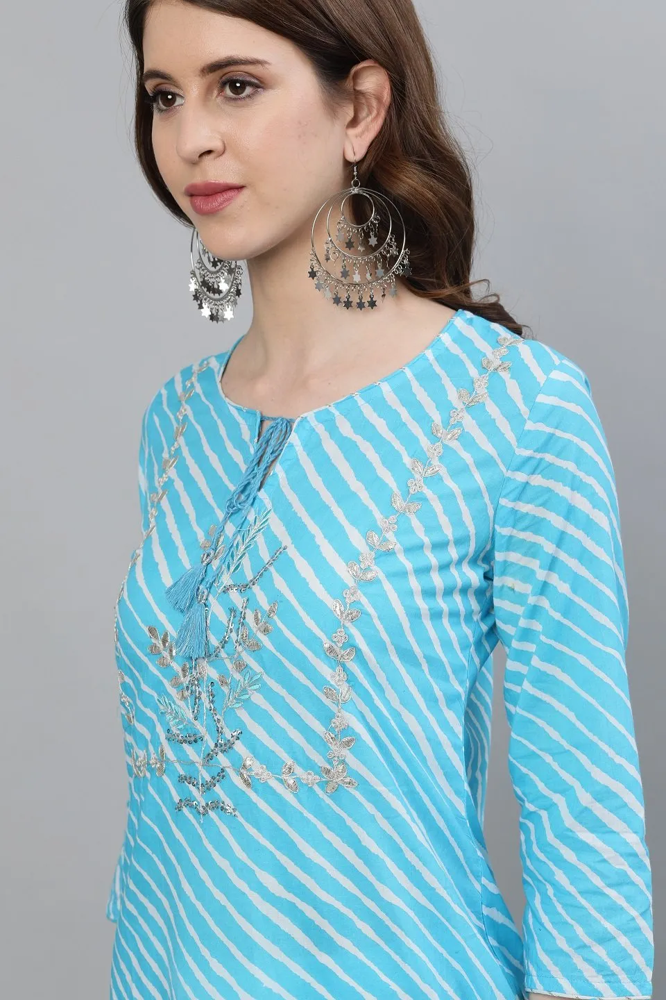 Ishin Women's Cotton Blue Leheriya Embroidered A-Line Kurta Trouser Dupatta Set