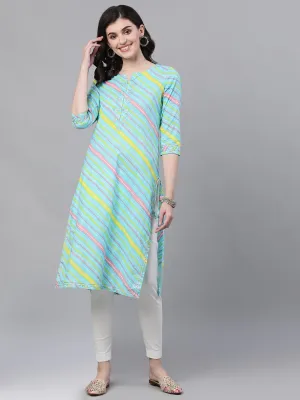 Ishin Women's Cotton Blue Leheriya Print Embroidered A-Line Kurta
