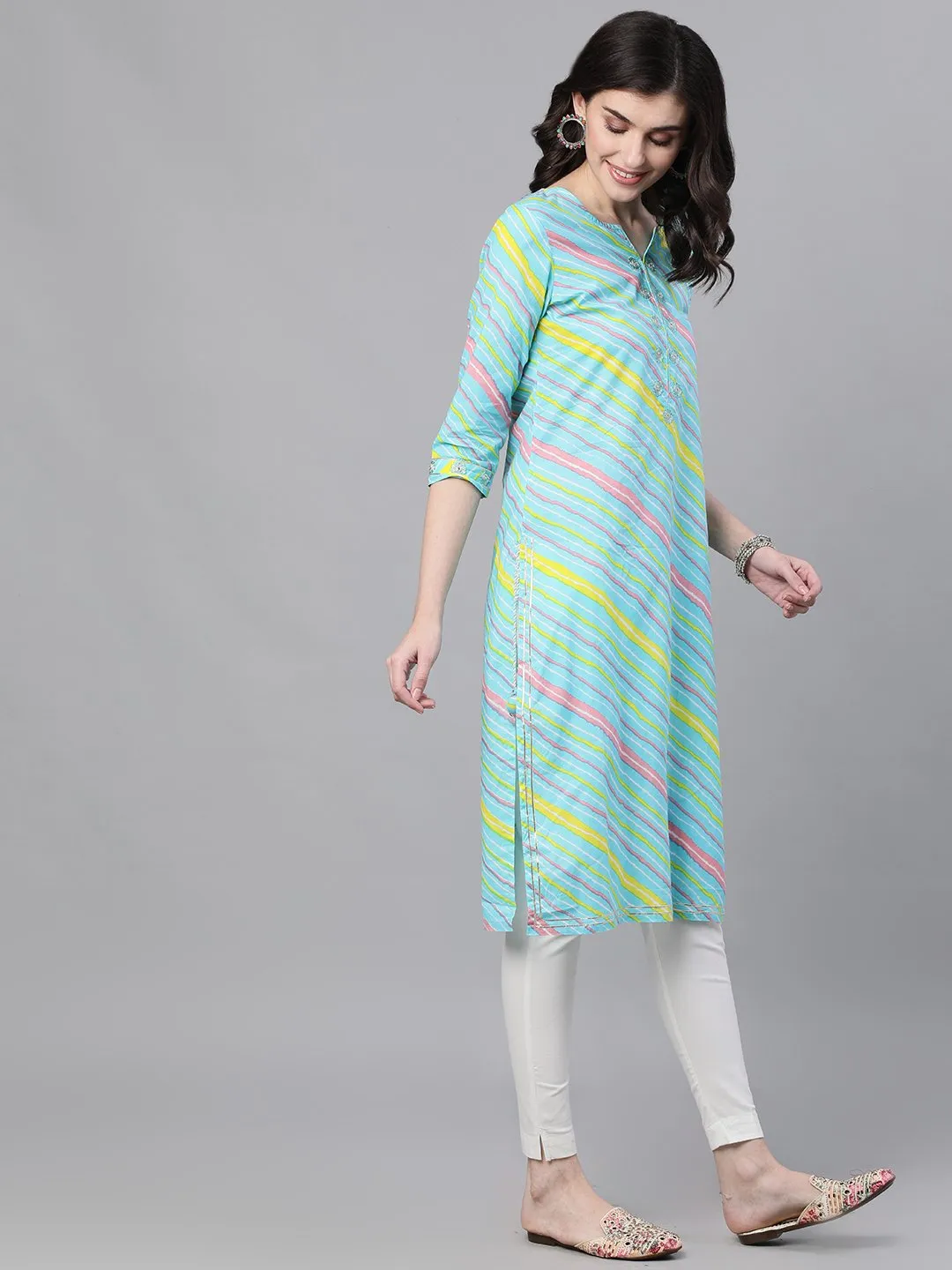 Ishin Women's Cotton Blue Leheriya Print Embroidered A-Line Kurta