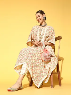 Ishin Women's Cotton Multicolor & White Embroidered Kaftan Kurta Trouser Set